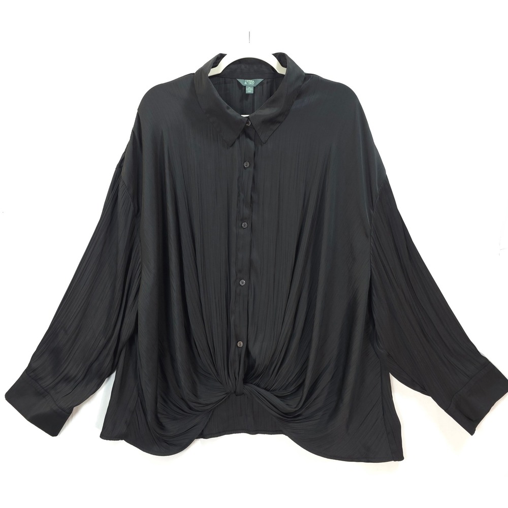 Terra & Sky Blouse Womens 3X Twist Front Button Black Texture Minimalist Chic